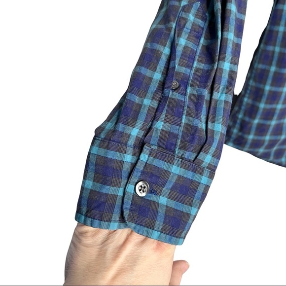 GAP Factory Navy Blue & Teal Plaid Slim Fit Button Down Shirt - Picture 3 of 10